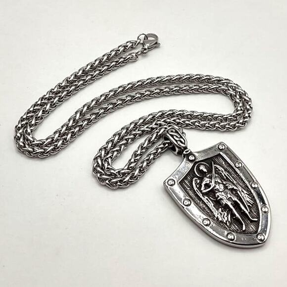Stainless Archangel St Michael Shield Necklace Christian Catholic Faith Gift NEW - Picture 1 of 6